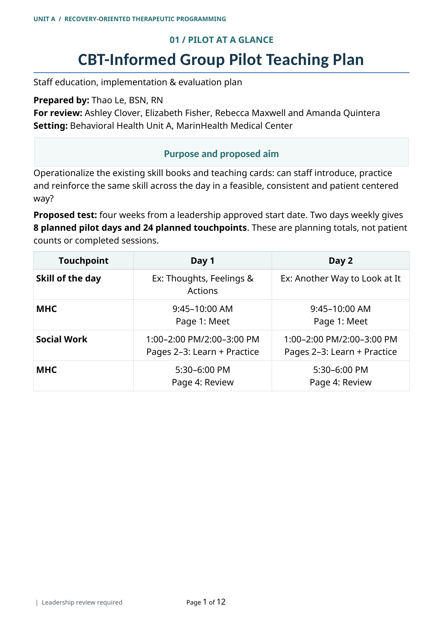 First page of the CBT Group Teaching Plan